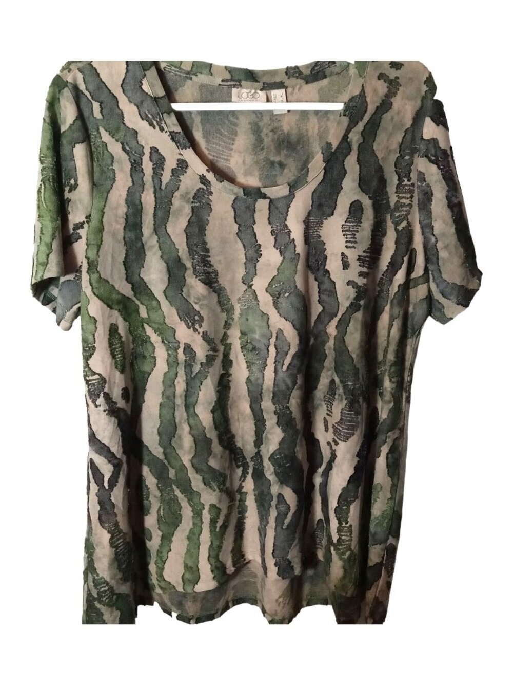 Lori Goldstein LOGO Womens Camouflage Short Sleeve Top Size L Jaquard Knit